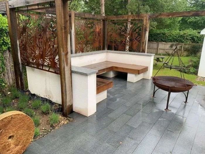 Outdoor seating area and pergola